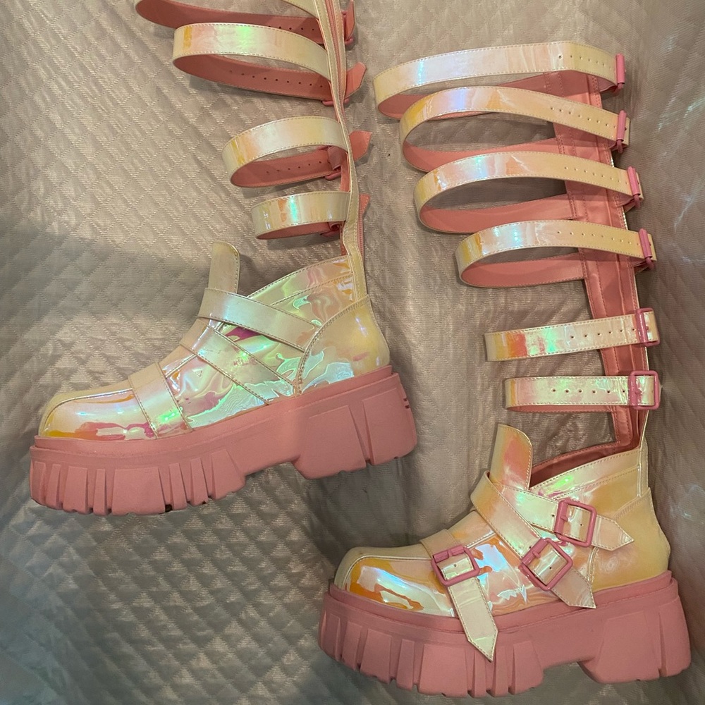 Sugar Thrillz Holographic Yellow Pink Barbie Gladiator Platform Shoes